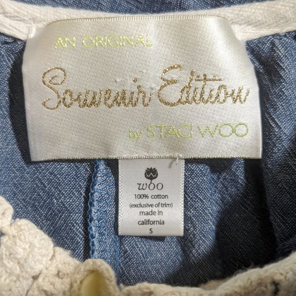 Original SOUVENIR EDITION by STACI WOO blue ivory fringe Bohemian Cotton Top S - Picture 9 of 10